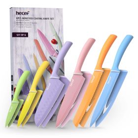 Hecef 6 Piece Kitchen Knife Set, Colorful Coated Stainless Steel Knives with Blade Guards